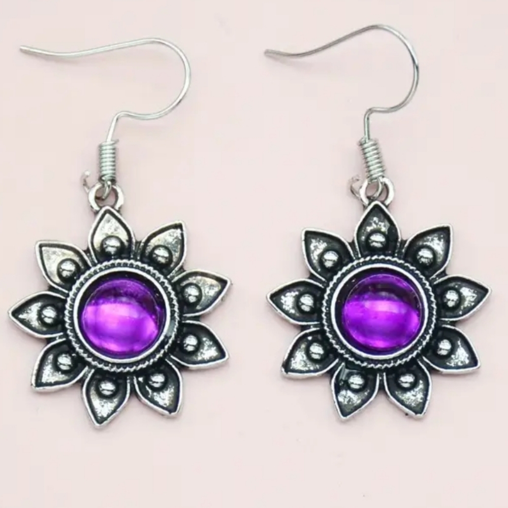 Elegant Purple Resin in Silver Earrings